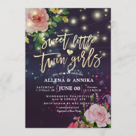 Invitación Baby Shower Sweet Little Twins Floral Purple Light