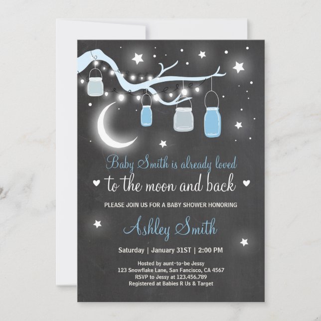 Invitación Baby Shower te ama a la luna y al negro azul (Anverso)