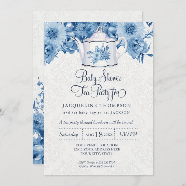 Invitación Baby Shower Tea Fiesta Navy Floral Azul con Teapot (Anverso / Reverso)