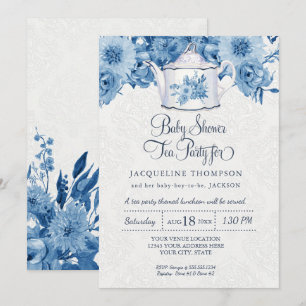 Invitación Baby Shower Tea Fiesta Navy Floral Azul con Teapot