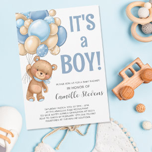 Invitación Baby Shower Teddy Bear Balloon Boy