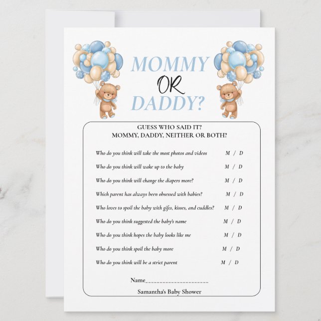 Invitación Baby Shower Teddy Blue Mommy o Daddy (Anverso)
