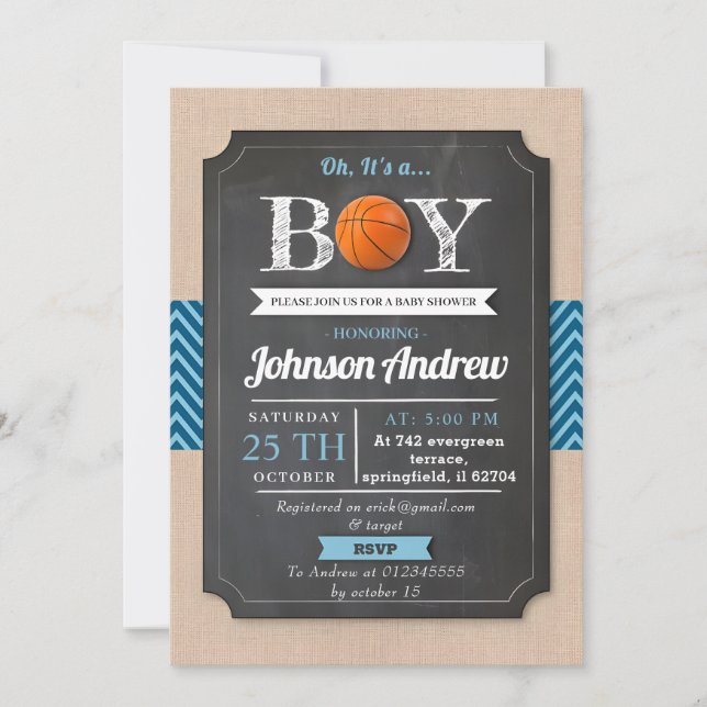 Invitación Baby Shower, tema de baloncesto de deporte azul pe (Anverso)