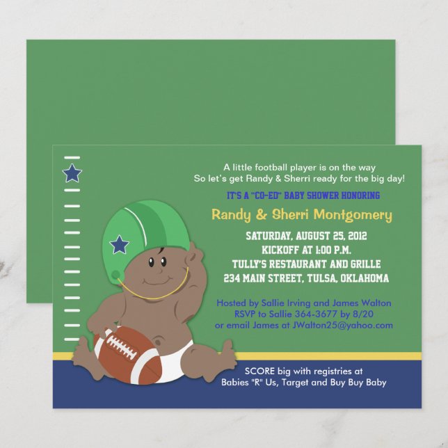 Invitación Baby Shower, tema de deportes para bebés de fútbol (Anverso / Reverso)