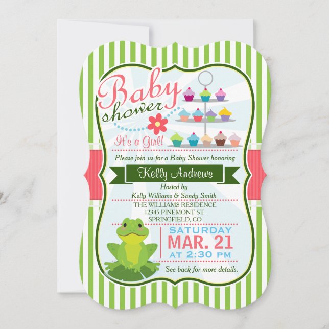 Invitación Baby Shower, tema de la rana verde, rosa y blanca (Anverso)