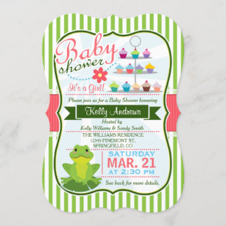 Invitación Baby Shower, tema de la rana verde, rosa y blanca