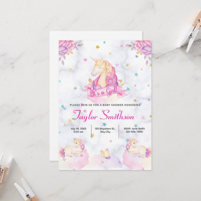Invitación Baby Shower, tema de Unicornio, estrellas y nubes (Anverso/Reverso In Situ)