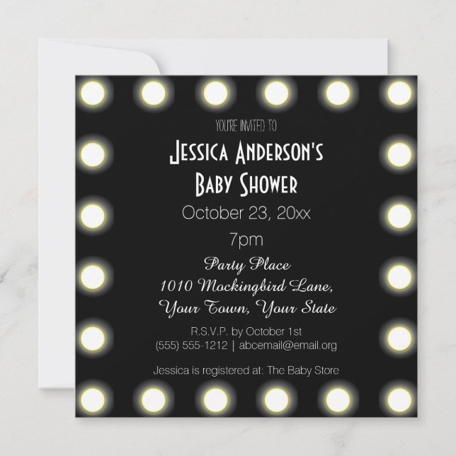 Invitación Baby Shower, tema del Hollywood en blanco y negro (Anverso)