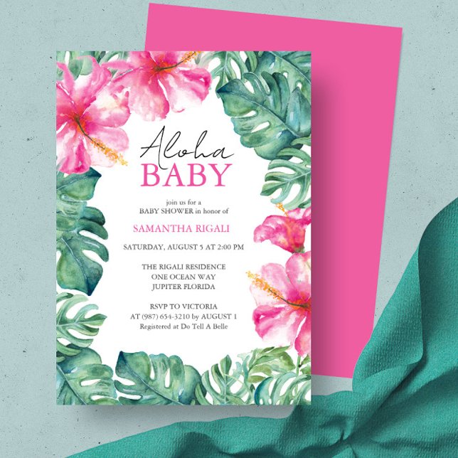 Invitación Baby Shower tema del luau tropical (Luau baby shower ideas feature hibiscus flower invitation unique art by Victoria Grigaliunas)