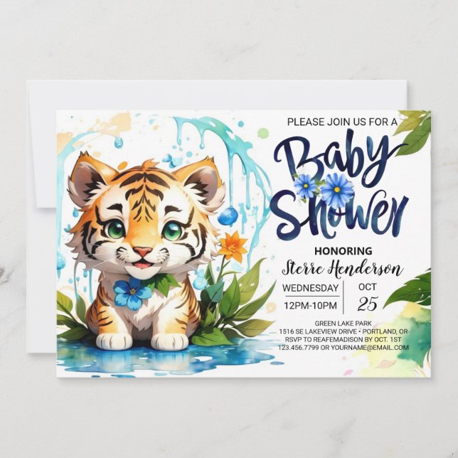 Invitación Baby Shower, tema del tigre azul de la selva (Anverso)