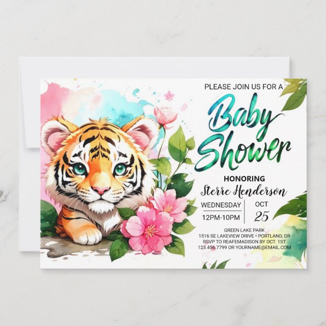 Invitación Baby Shower, tema del tigre rosa de los vibes de l (Anverso)