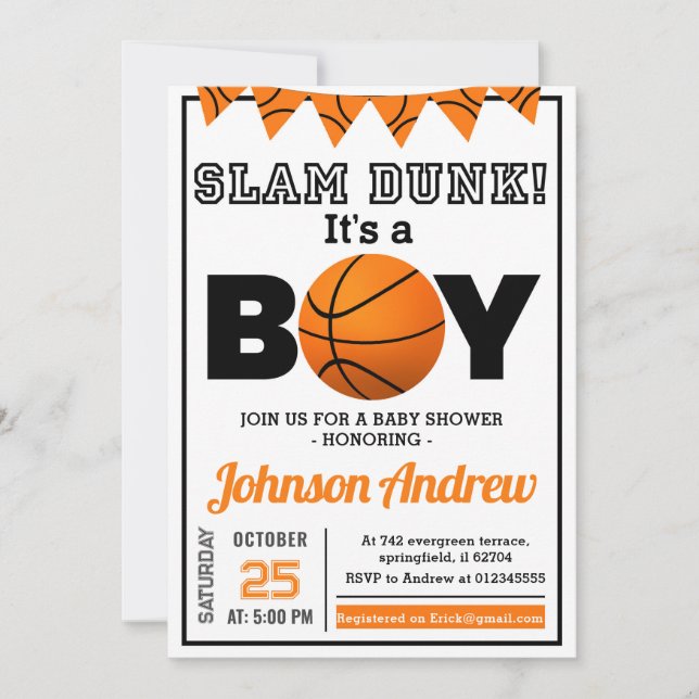 Invitación Baby Shower, tema personal de baloncesto de todas  (Anverso)