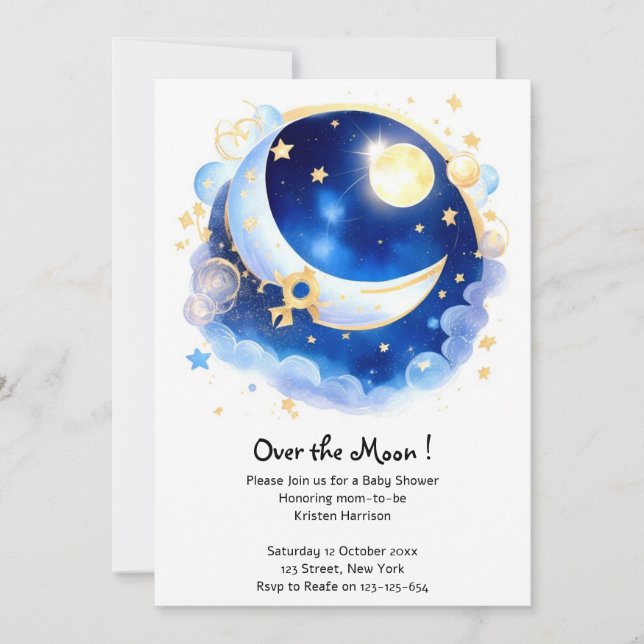 Invitación Baby Shower temática de la Luna Celestial y las Es (Anverso)