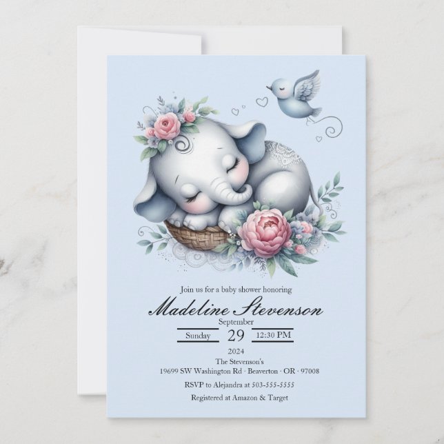 Invitación Baby Shower temática del bebé elefante durmiendo (Anverso)