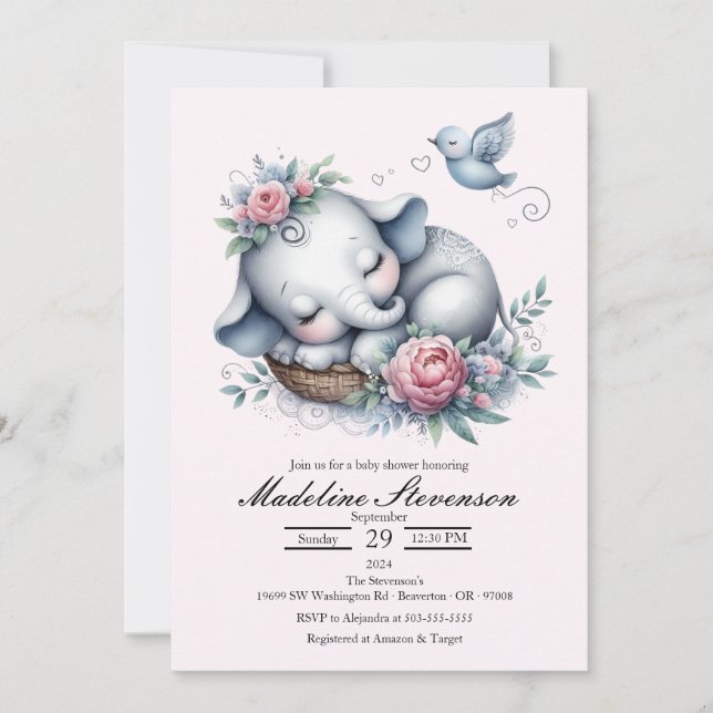 Invitación Baby Shower temática del bebé elefante durmiendo (Anverso)