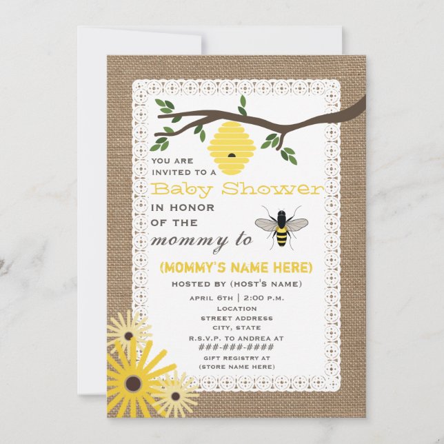 Invitación Baby Shower Temático De Abeja Miel Inspirado En Bu (Anverso)