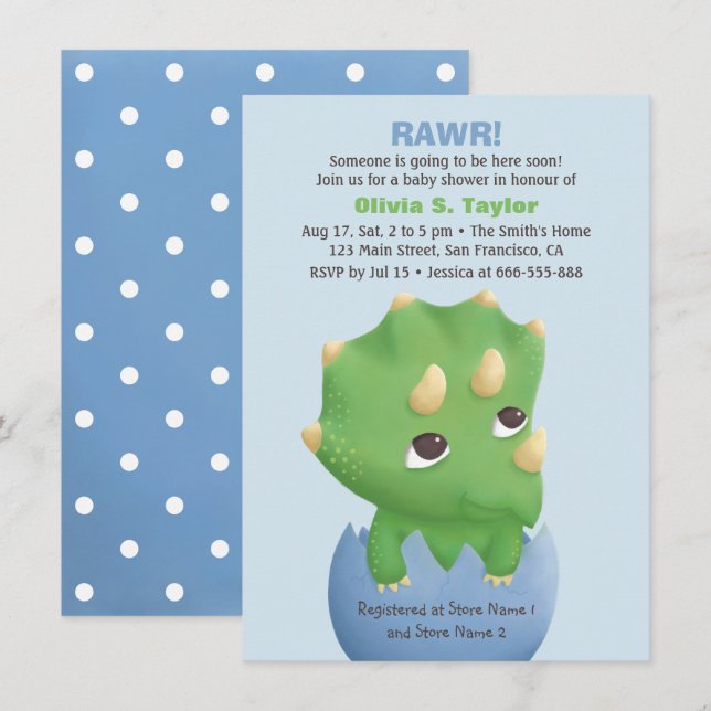 Invitación Baby Shower Temático de Triceratops Dinosaurio (Anverso / Reverso)