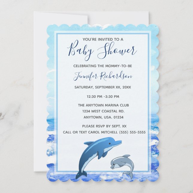 Invitación Baby Shower Temático sobre el Océano delfín madre  (Anverso)