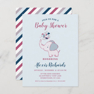 Invitación Baby Shower temático sobre elefante rosa y marina