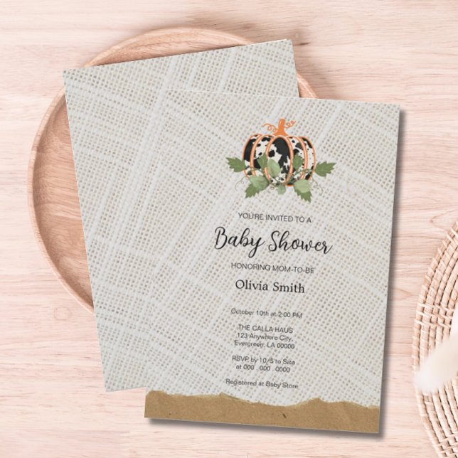 Invitación Baby Shower textil de calabaza blanca y negra (Black and White Pumpkin Textile Baby Shower Invite)