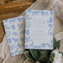 Baby Shower Toile De Jouy White And Blue Safari