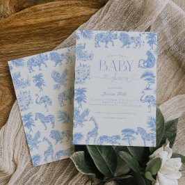 Invitación Baby Shower Toile De Jouy White And Blue Safari