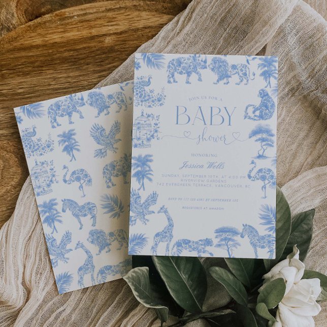 Invitación Baby Shower Toile De Jouy White And Blue Safari (Subido por el creador)