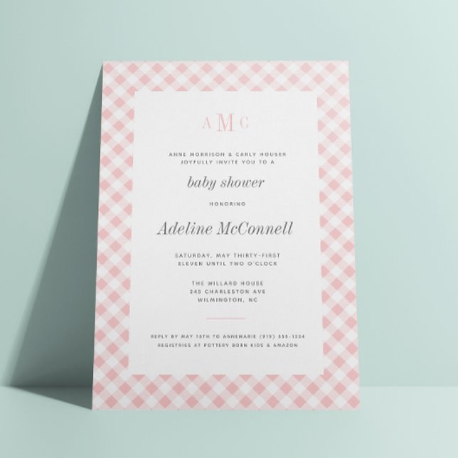 Invitación Baby Shower tradicional de Gingham rosa pálido (Subido por el creador)