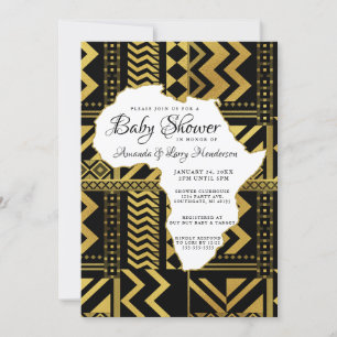 Invitación Baby Shower Tribal de África en Negro y Dorado