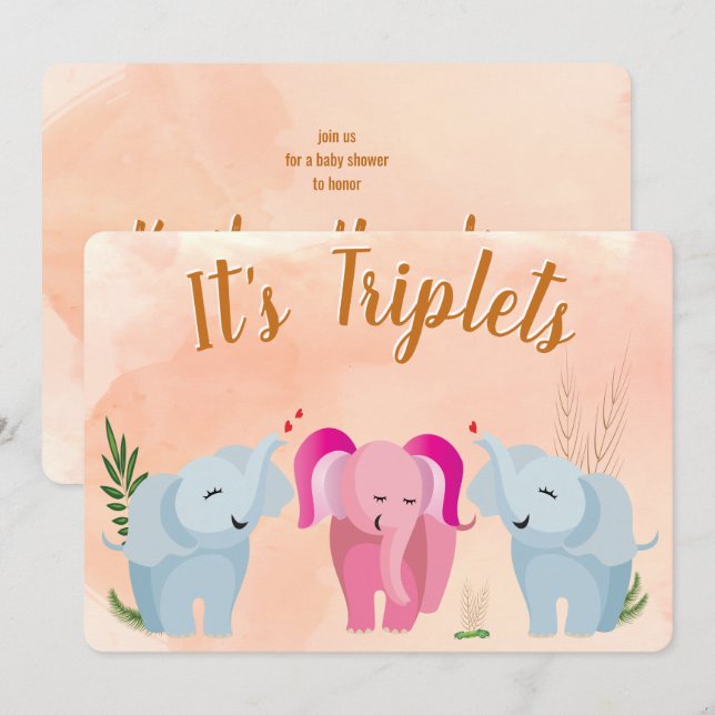 Invitación Baby Shower Triplet Elephant (Anverso / Reverso)