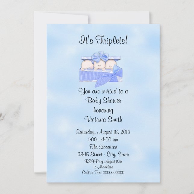 Invitación Baby Shower Triplets Baby Boy (Anverso)