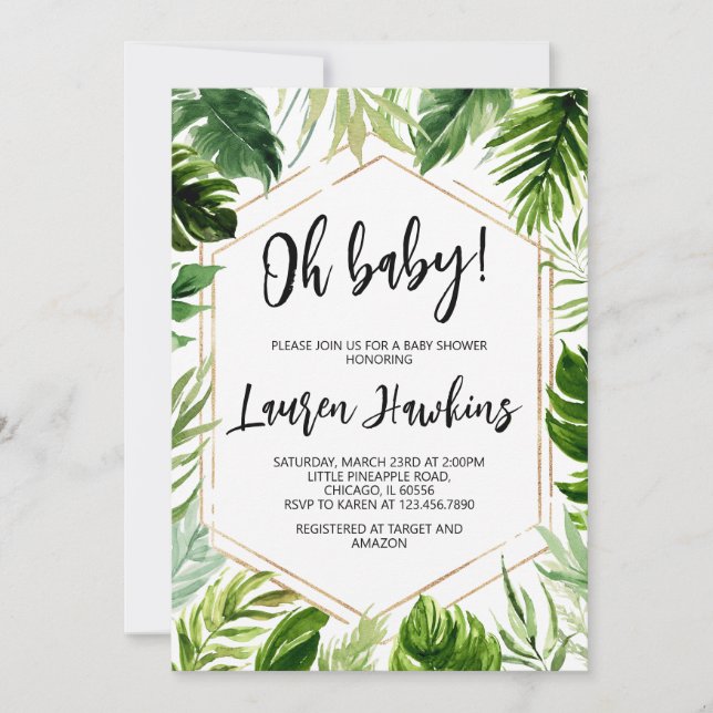 Invitación Baby Shower tropical (Anverso)