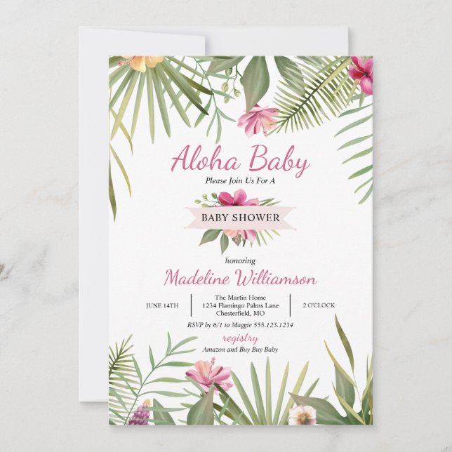 Invitación Baby Shower tropical Aloha Baby (Anverso)