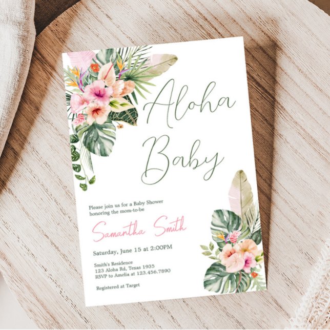 Invitación Baby Shower tropical Aloha Baby (Luau Hawaiian Girl Baby Shower Invitation)