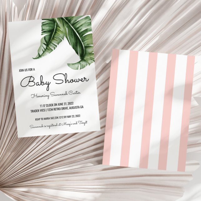 Invitación Baby Shower Tropical Banana Leaf/Stripes (Subido por el creador)