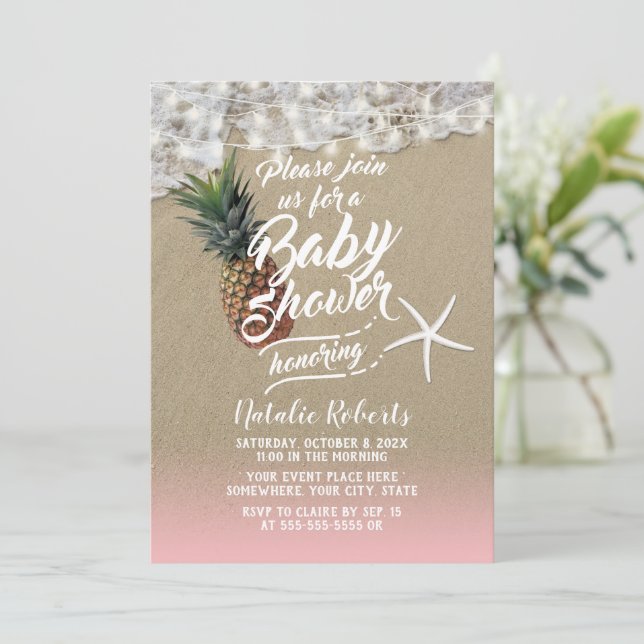Invitación Baby Shower Tropical Beach Pineapple & Starfish (Anverso de pie)