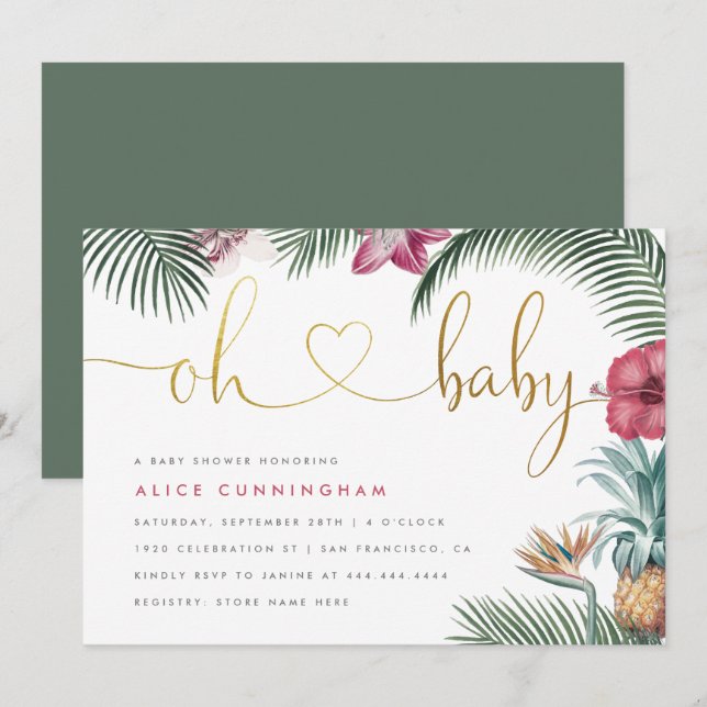 Invitación Baby Shower Tropical Botanical Oh Baby Gold Script (Anverso / Reverso)
