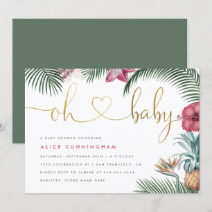 Invitación Baby Shower Tropical Botanical Oh Baby Gold Script
