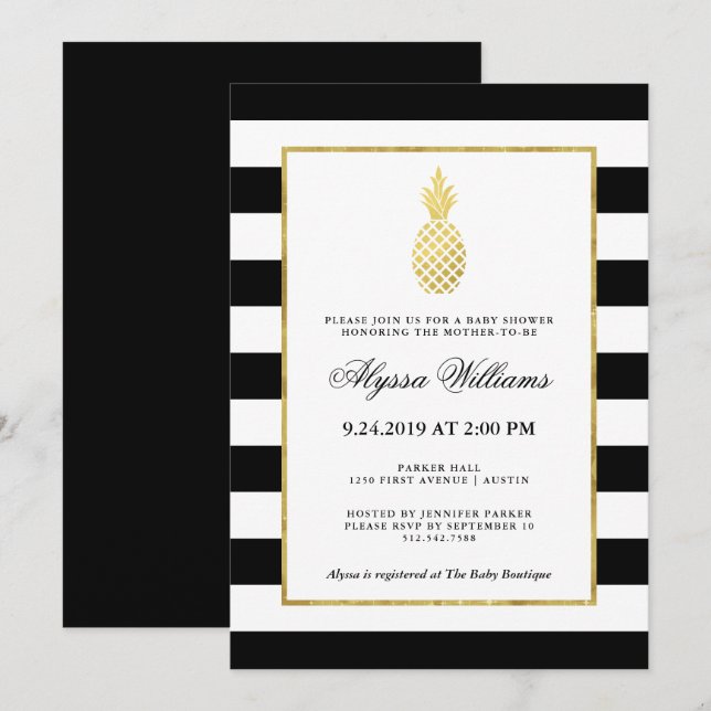 Invitación Baby Shower tropical de piña dorada a rayas (Anverso / Reverso)