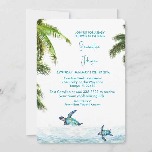 Invitación Baby Shower tropical de tortuga marina turquesa (Anverso)