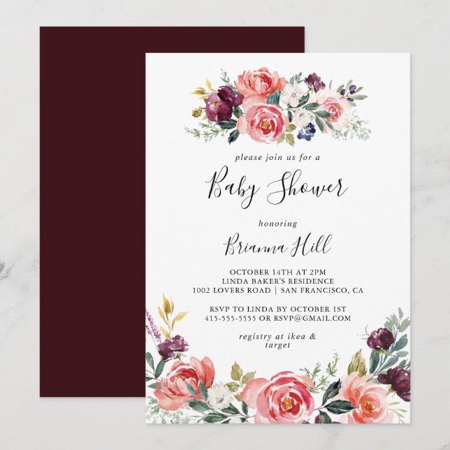 Invitación Baby Shower tropical de verano con flores (Anverso / Reverso)