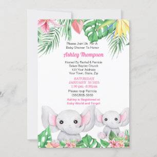 Invitación Baby Shower tropical dulce de mamá y bebé elefante