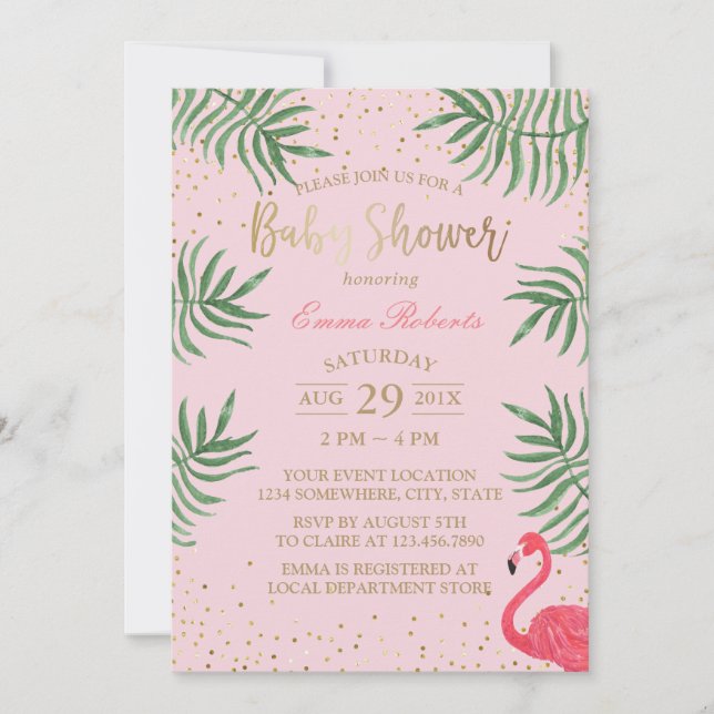 Invitación Baby Shower Tropical Flamingo Gold Confetti (Anverso)