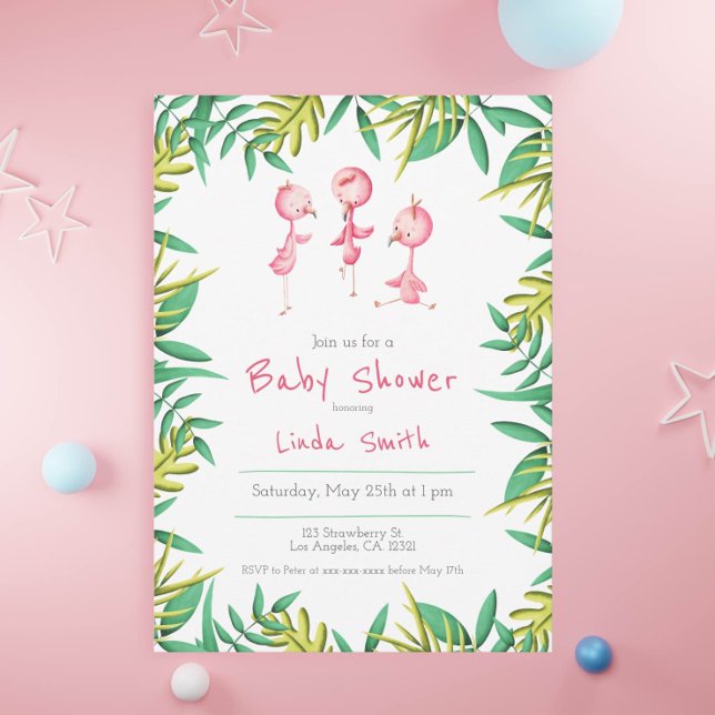 Invitación Baby Shower Tropical Flamingo Triplets (Subido por el creador)