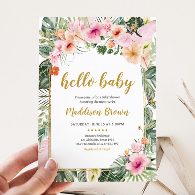 Invitación Baby Shower Tropical Floral Aloha (Girl Hawaiian Baby Shower Invitation)