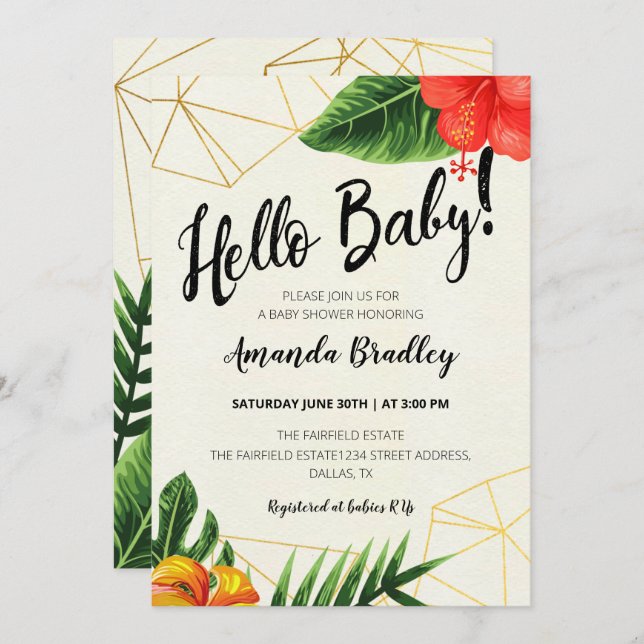 Invitación Baby Shower Tropical Gold Hello (Anverso / Reverso)