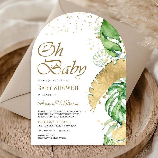 Invitación Baby Shower Tropical Gold Monstera Palm Arch (Subido por el creador)