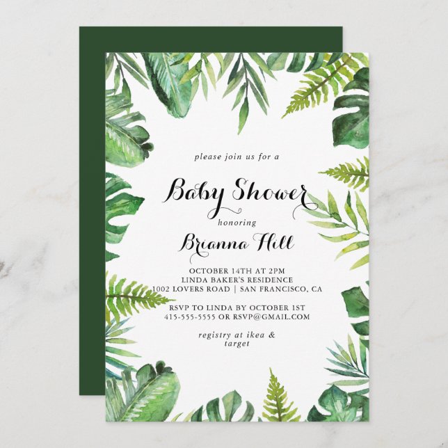 Invitación Baby Shower Tropical Greeneration de destino (Anverso / Reverso)