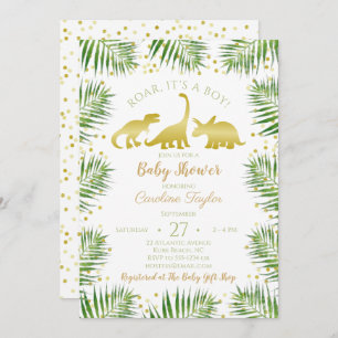 Invitación Baby Shower Tropical Greenery Gold Dinosaur
