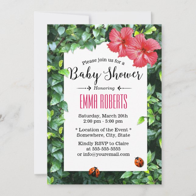 Invitación Baby Shower tropical hawaiano rojo hibiscus ladybu (Anverso)